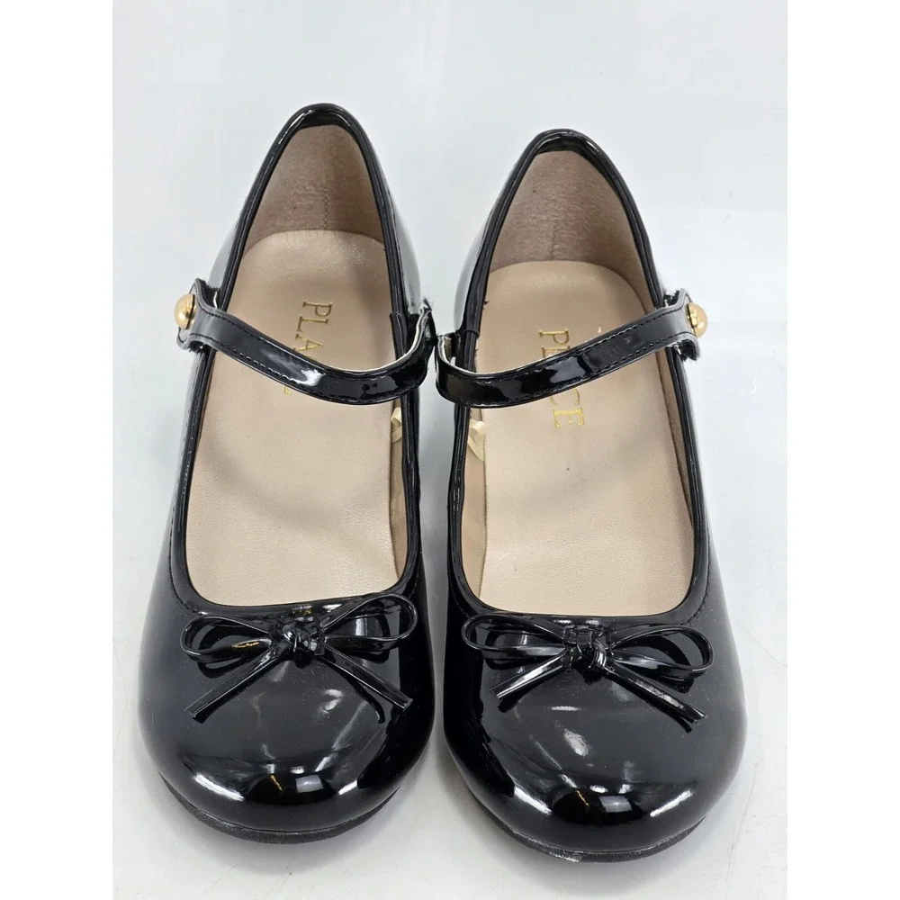Place Girls Bow Faux Patent Leather Low Heel Shoes - Black Sz 2 M